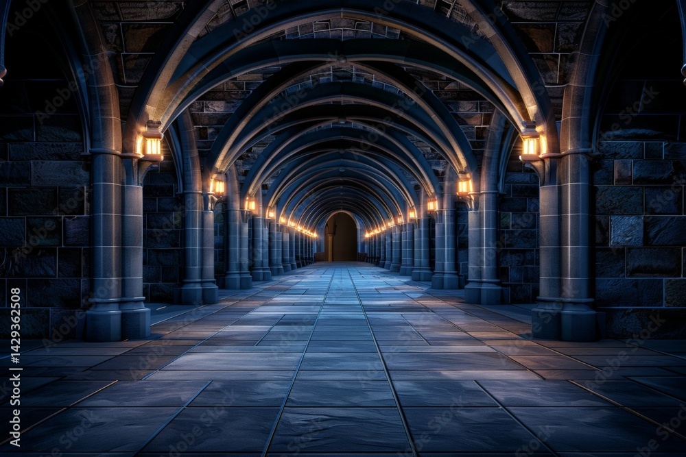 Narrow Gothic Archway with Intricate Stone Tracery and Lighting Narrow Gothic Archway with Intricate Stone Tracery and Lighting