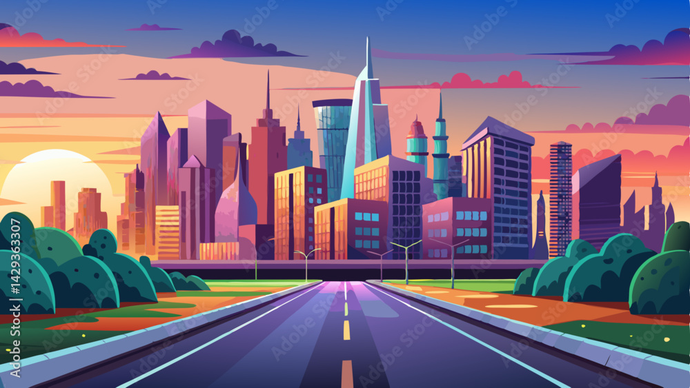 Fototapeta premium Very beautiful Panoramic city skyline and buildings with empty asphalt road at sunset