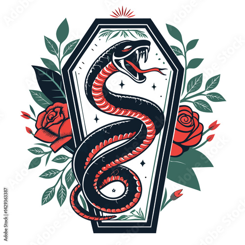 A demonic, serpentine creature, scales shimmering, coils around an ornate, dark wood coffin, set in a dimly lit crypt.