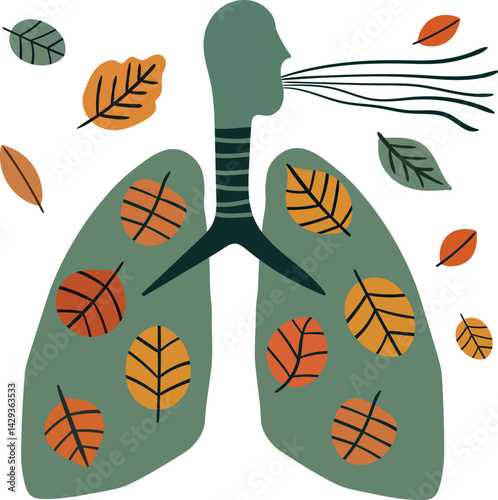 isolated illustration autumn breathing concept lung health, person exhaling with autumn leaves in lungs, simple symbolic design respiratory health improvement, fresh air seasonal health