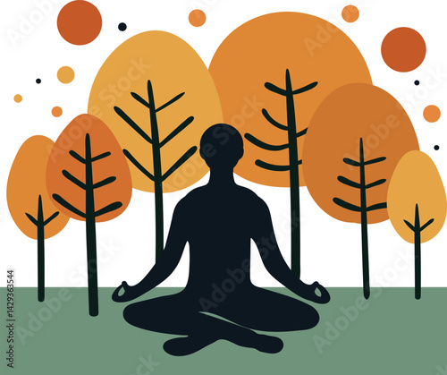 isolated illustration autumn outdoor yoga breathing practice silhouette person meditating nature among fall trees, simple peaceful design mindful outdoor activity earthy tones