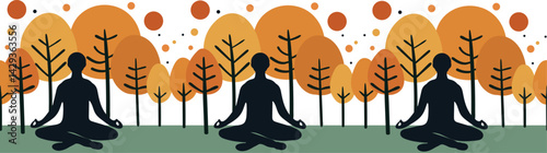 linear vector pattern autumn outdoor yoga and breathing practice, silhouettes people meditating nature among fall trees, simple peaceful design, outdoor activity, earthy tones