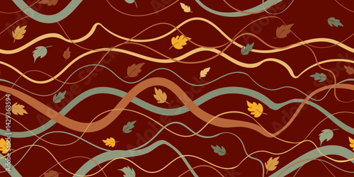 seamless vector pattern autumn wavy lines and falling leaves dark terracotta background, abstract fall design with flowing lines foliage, modern seasonal repeat, organic and dynamic texture
