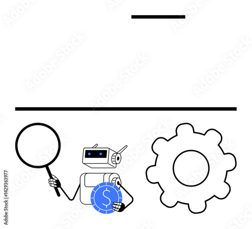 Robot holding magnifying glass and coin, positioned next to a gear. Ideal for technology, AI, automation, fintech, innovation, problem-solving financial analysis. Flat simple metaphor