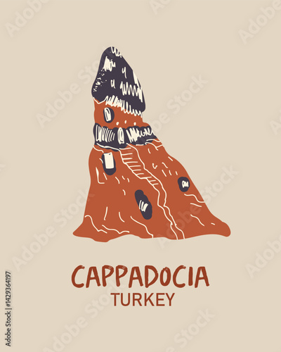 Stone pillars of Cappadocia. Liner hand drawn vector illustration.