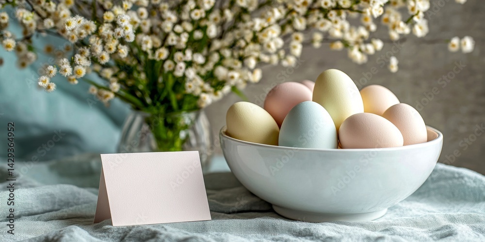 A beautiful display of pastel colored eggs in a white bowl. The soft colors create a calm and inviting atmosphere. Perfect for Easter or spring-themed decorations. AI