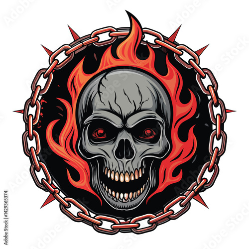 A cursed skull, bound by heavy, rusty chains, engulfed in the fiery heart of a burning ritualistic bonfire.