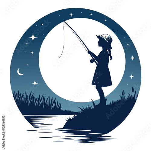 A cute girl, serene expression, fishing at night under a crescent moon, tranquil lake, glowing lantern, whimsical scene.
