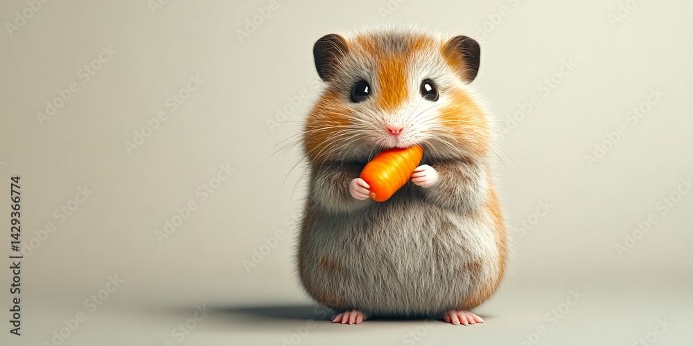 A cute hamster enjoys a crunchy carrot. This charming pet image captures the playful nature of small animals. Ideal for stock photos, pet blogs, and animal lovers. AI