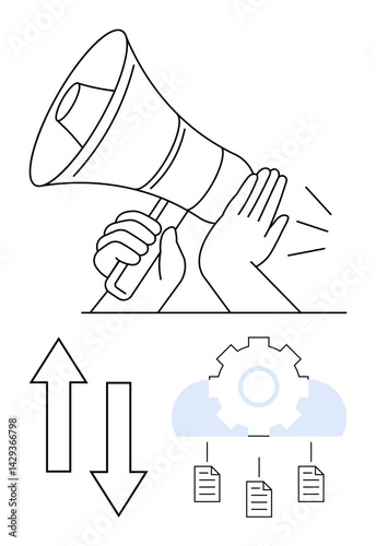 Hand amplifying message through megaphone, cloud gear network managing files, bidirectional arrows portraying data exchange. Ideal for communication, teamwork, technology, announcement, data sharing