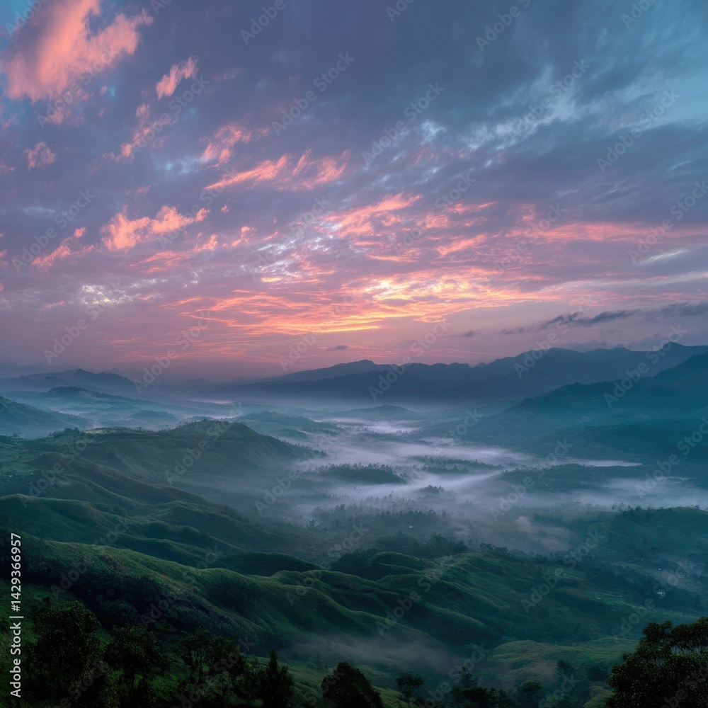 Fototapeta premium A serene mountain landscape at dawn, with mist covering the valleys and a colorful sky. 