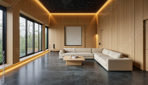 Modern interior design architecture photography: A modern living room showcases warm wood paneling, a large sectional sofa, and expansive windows overlooking a natural landscape, illuminated by subt