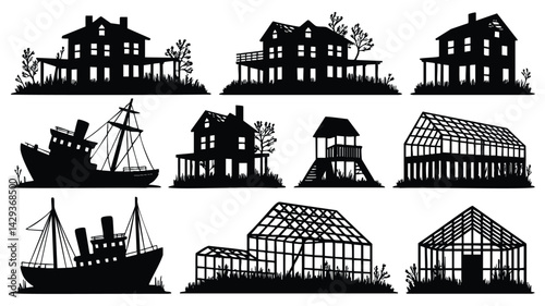 This image set features black silhouettes of various structures, including houses (some intact, some under construction), a shipwreck, and a child's playhouse