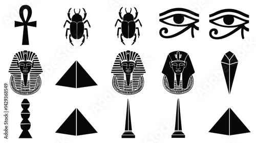 This image features a collection of iconic Egyptian symbols in a clean, black silhouette design against a white background