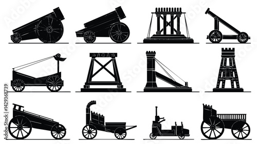 A collection of black silhouette illustrations of various medieval siege weapons, including catapults, trebuchets, battering rams, and cannons