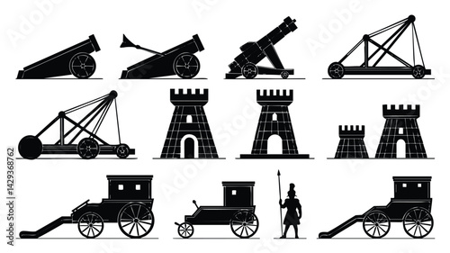 This image features a collection of black silhouette illustrations of medieval siege weaponry and fortifications