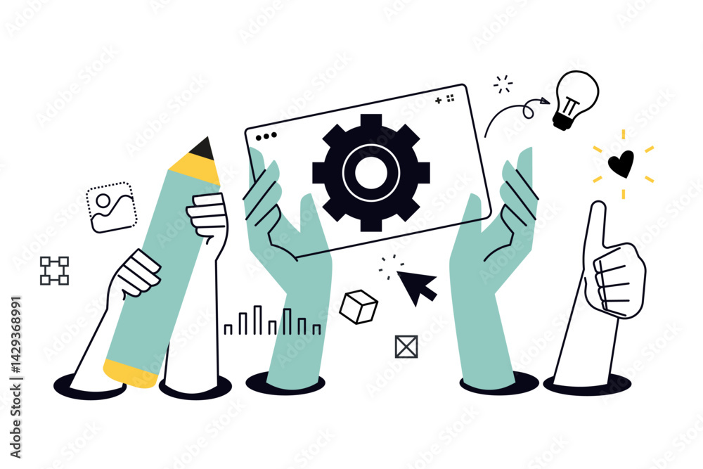 Creative illustration of app design and development. Vector concept for web banner, social media banner, business presentation, marketing material. 