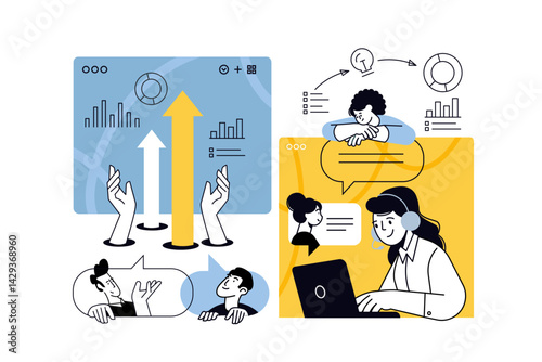 Creative illustrations of business growth, planning and strategy, project development, technical support, communication. Vector concepts for web banner, social media banner, business and marketing.