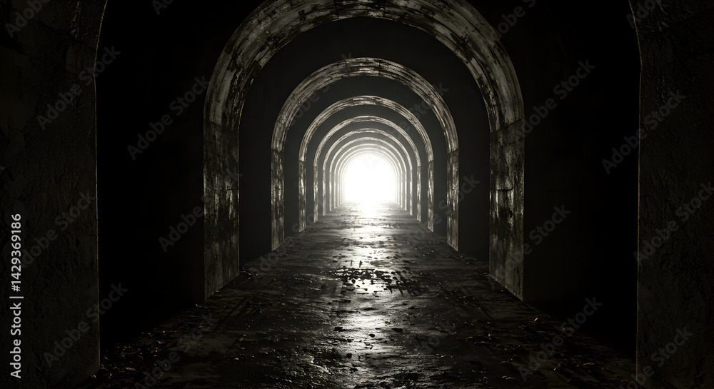 Obraz premium Dark Tunnel with Arches Leading to Bright Light at the End Perspective View