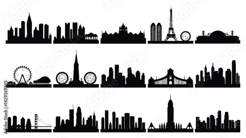 A collection of black silhouette images of various iconic cityscapes