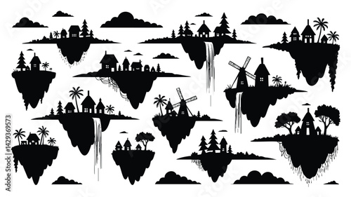 This set features a collection of black silhouettes of quaint, whimsical villages and landscapes suspended in mid-air on floating islands