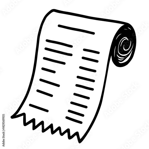 Long paper receipt icon in sketch style representing printed purchase or transaction proof - concept of shopping receipt purchase log history ecommerce record