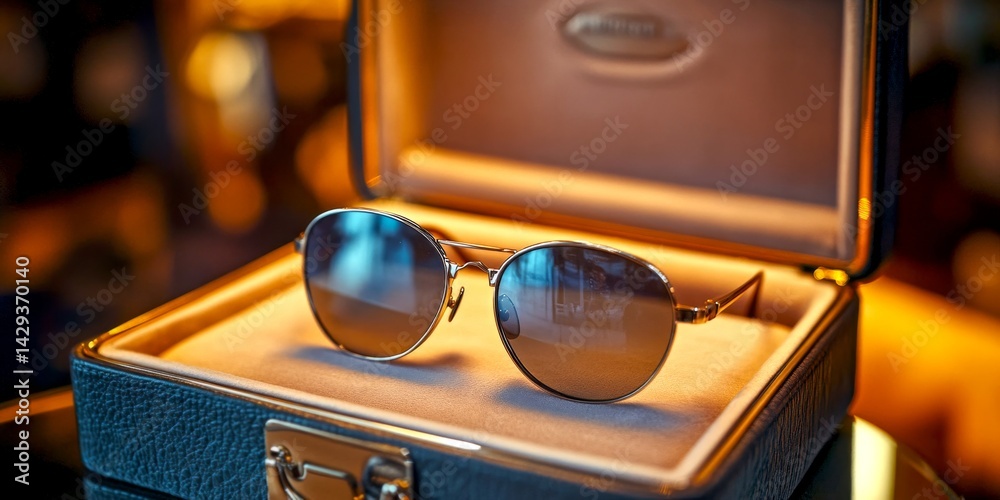 Stylish sunglasses in an elegant case. Perfect for summer days, these sunglasses enhance any outfit. Fashionable and sleek, they are a must-have accessory for trendsetters. AI