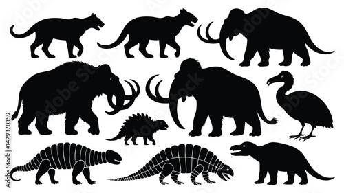 This image showcases a collection of black silhouette outlines of prehistoric animals against a pure white background