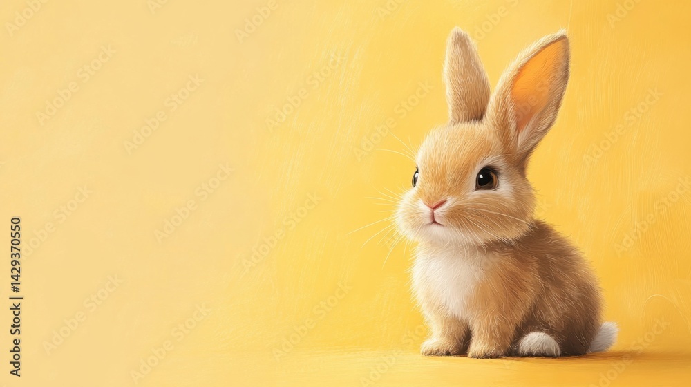Obraz premium Sweet baby bunny with brown fur, sitting on a light yellow background
