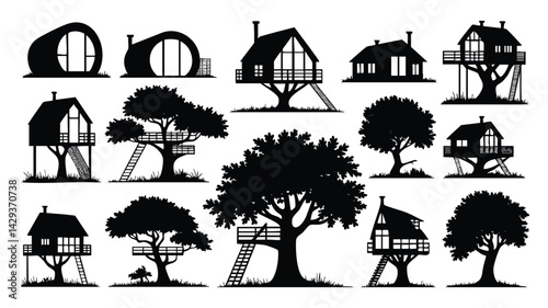 This image features a collection of black silhouette designs of treehouses nestled within various trees