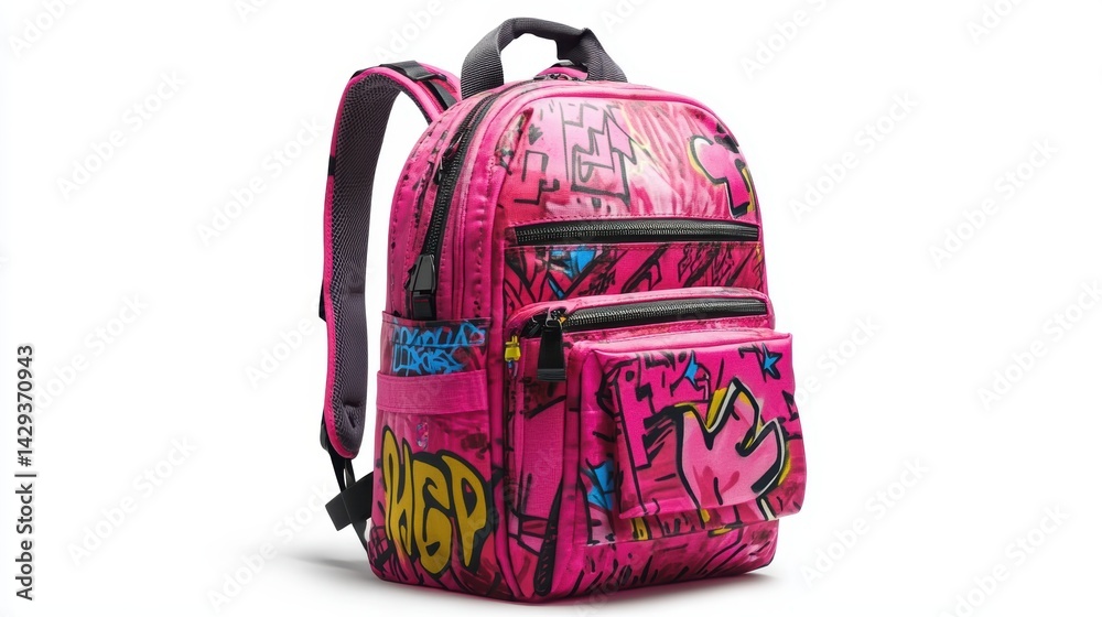 Sleek pink backpack with graffiti-style graphic design, padded straps, and large storage capacity, isolate on white background Sleek pink backpack with graffiti-style graphic design, padded straps, and large storage capacity, isolate on white background