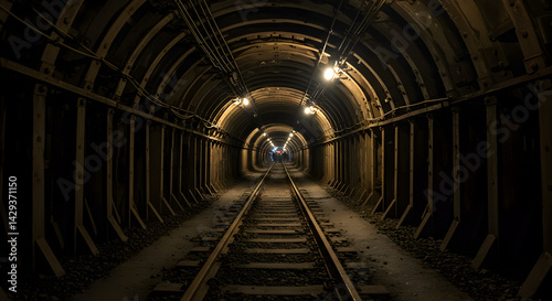 Dimly Lit Subway Tunnel with Railroad Tracks Steel Arches and Repeating Grid Pattern in Underground Structure