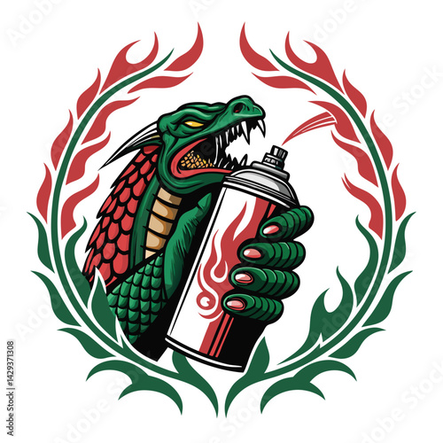 A fearsome dragon's claw, adorned with tribal markings, fiercely grips a spray can within a stylized tribal frame.