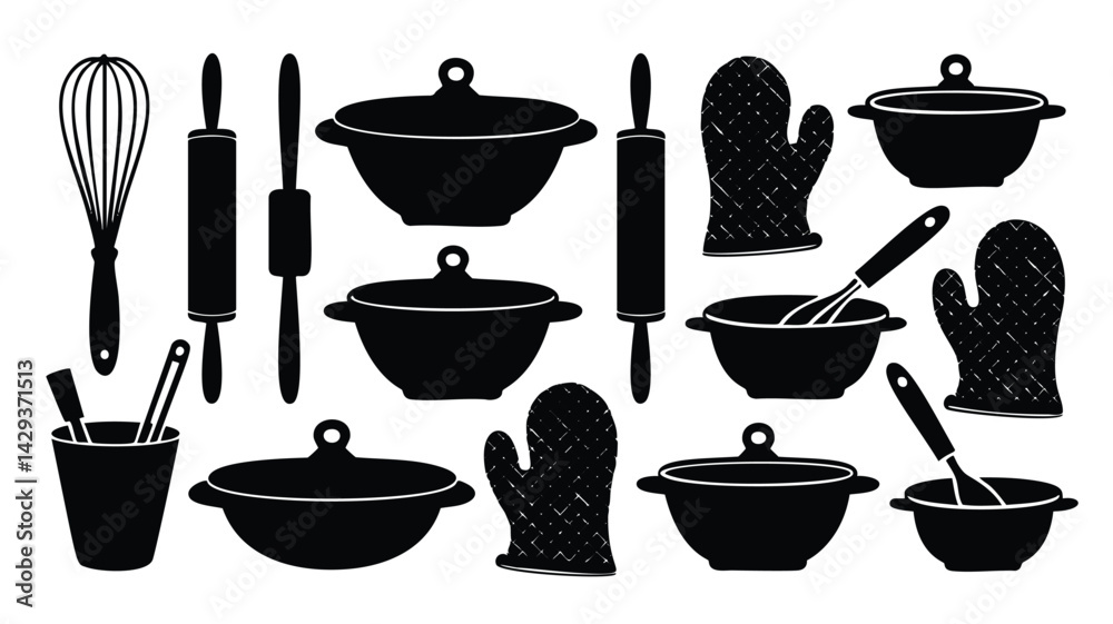 A collection of black silhouette icons depicting various kitchen utensils and cooking vessels A collection of black silhouette icons depicting various kitchen utensils and cooking vessels