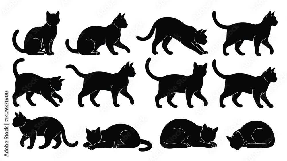 Simple black silhouettes of cats in different poses, including sitting, walking, and lying down Simple black silhouettes of cats in different poses, including sitting, walking, and lying down