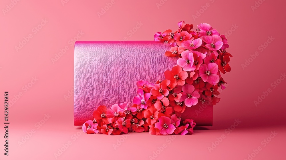 Obraz premium A modern clutch with bright pink and cherry red flowers spilling outward, tilted slightly on a solid hot pink background with open surroundings.