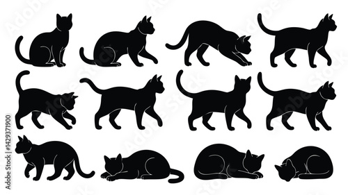 Simple black silhouettes of cats in different poses, including sitting, walking, and lying down