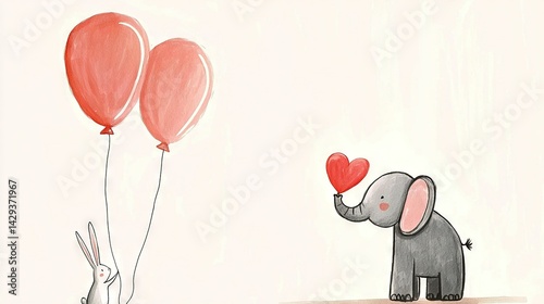   A picture of an elephant with a heart-shaped balloon in its trunk, and a rabbit holding a heart-shaped balloon