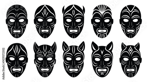 A set of twelve black and white tribal masks, showcasing diverse stylized facial expressions and decorative patterns