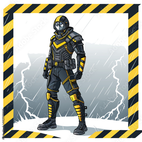 A futuristic cyberpunk assassin, wielding dual pistols, stands defiantly in a raging thunderstorm, framed by a stylized, wave-like energy effect.  High detail, cinematic lighting.