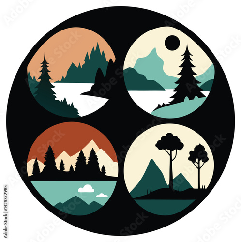 Silhouette Vector Tree Circle Frame Nature Silhouettes 6 Scenic Nature Designs with Trees, Wildlife, and Landscapes for Digital Art, Sublimation, and Circular Framed Decor