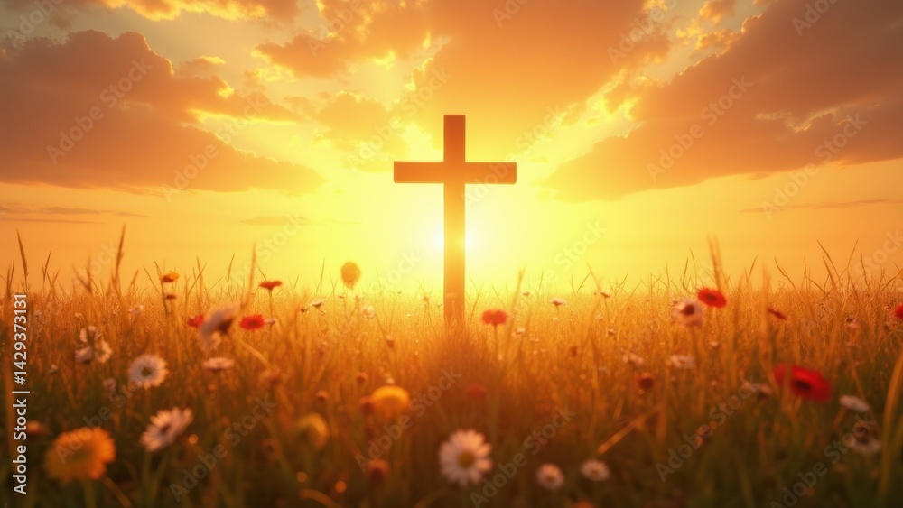Cross is lit up in a field of flowers. The sun is setting, casting a warm glow over the scene. The cross is surrounded by a field of wildflowers