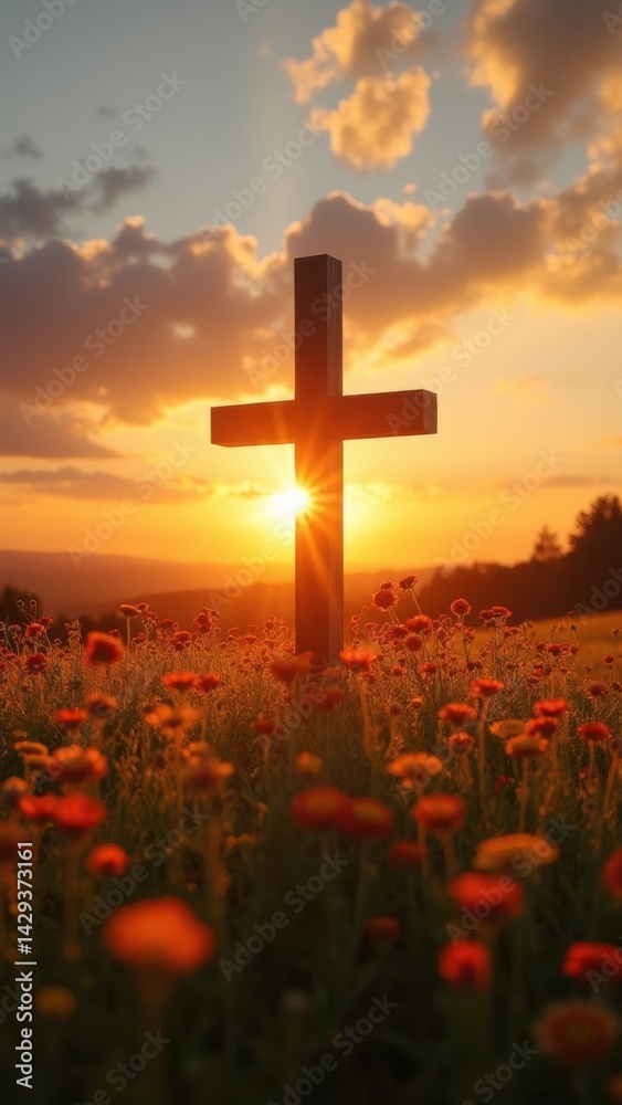 Wooden cross is in the middle of a field of flowers. The sun is shining brightly on the cross, creating a warm and peaceful atmosphere