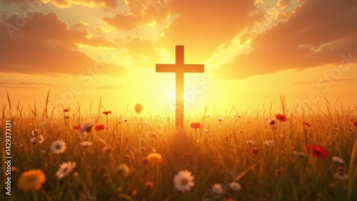 Obraz na płótnie Cross is lit up in a field of flowers. The sun is setting, casting a warm glow over the scene. The cross is surrounded by a field of wildflowers w salonie