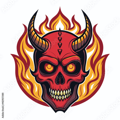 Create a detailed digital painting of a demonic skull, featuring glowing red eyes, sharp horns, and intricate bone detailing.  Surrounding the skull, depict swirling dark energy.
