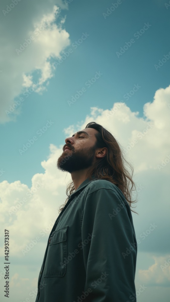 Man with a beard and long hair is standing in the open air, looking up at the sky