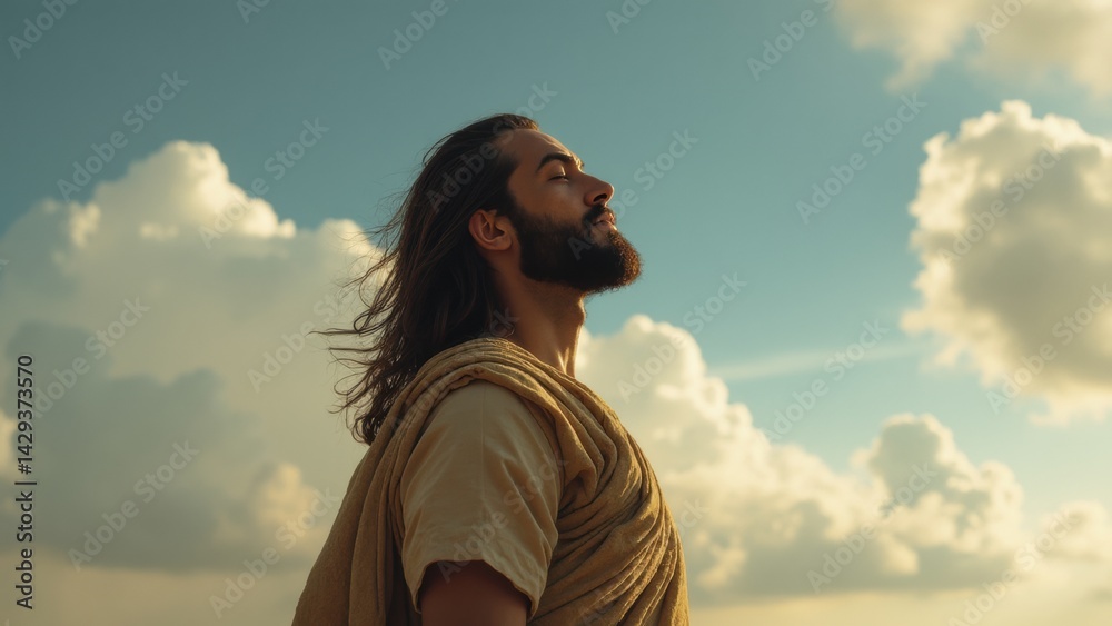 Man with a beard and long hair is standing in the sun, looking up at the sky. He is wearing a robe and he is in a contemplative or meditative state