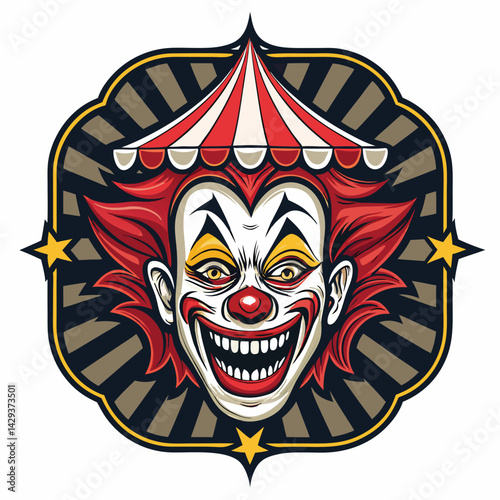 Create a terrifyingly detailed illustration of a devil clown's head, showcasing a sharp-toothed grin within a cracked, decaying circus-style mask.  Focus on intense detail and unsettling realism.