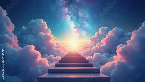 Beautiful sky with a bright sun and a long staircase leading up to it. The sky is filled with fluffy clouds and the sun is shining brightly