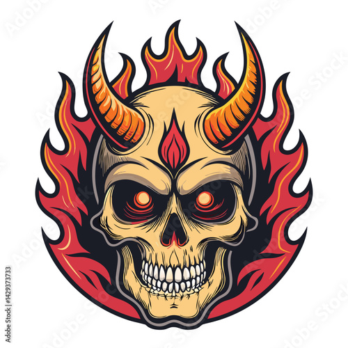 A demonic skull, adorned with curved horns, glowing crimson eyes, and surrounded by swirling dark energy.  Intricate details are crucial.